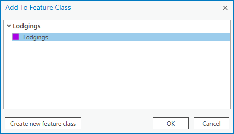 Dialogfeld "Zu Feature-Class hinzufügen" mit ausgewählter Feature-Vorlage "Lodgings"