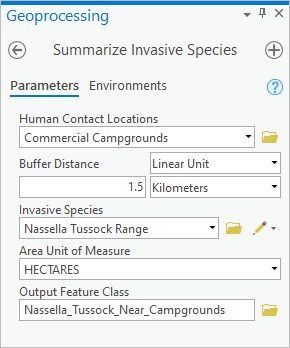 Werkzeug "Summarize Invasive Species" mit festgelegten Parametern