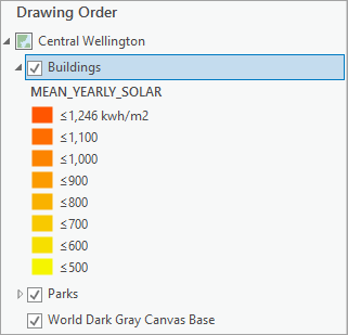 Der Bereich "Inhalt" mit ausgewähltem Layer "Buildings"