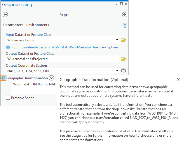 Das Geoverarbeitungswerkzeug "Projizieren" mit einem Parametertipp und einem ScreenTip