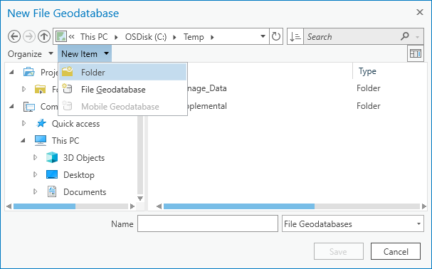 Dialogfeld "Durchsuchen" mit ausgewähltem Dropdown-Menü "Neues Element"