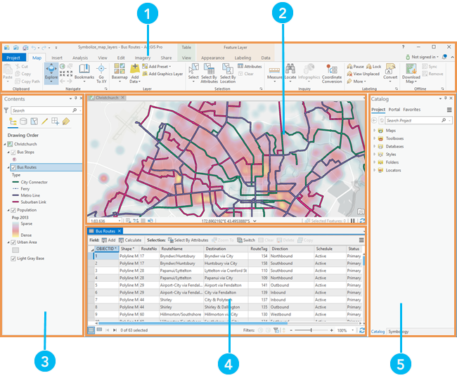 ArcGIS Pro-Benutzeroberfläche mit nummerierten Komponenten