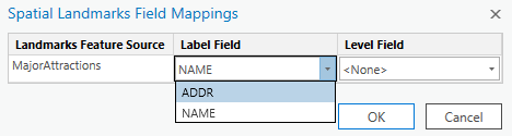 Dialogfeld "Feldzuordnungen für räumliche Landmarks" mit der Dropdown-Liste "Beschriftungsfeld", in der alle Textfelder in der MajorAttractions-Feature-Class angezeigt werden