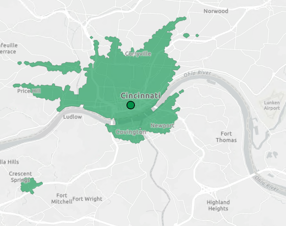 Einzugsgebiet für öffentlichen Verkehr um 14:00 Uhr