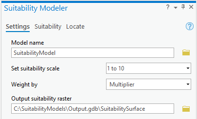 Registerkarte "Settings" im Bereich "Suitability Modeler"