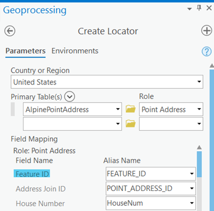 Dem Locator-Rollen-Feld "Feature-ID" zugewiesenes Feld "POINT_ADDRESS_ID" im Werkzeug "Locator erstellen"