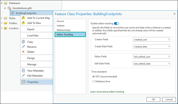 Registerkarte "Editor-Tracking" im Dialogfeld "Eigenschaften: Feature-Class"