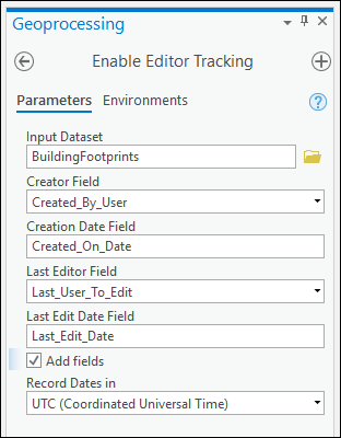 Das Geoverarbeitungswerkzeug "Editor-Tracking aktivieren" kann zum Aktivieren des Editor-Tracking verwendet werden.