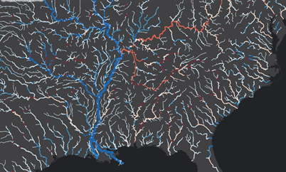 Das detaillierte Dataset zur Hydrologie, wobei bei einem großen Maßstab alle Flüsse und Ströme dargestellt werden