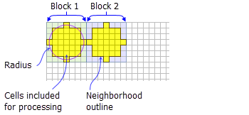 Gelbe Schummerung zeigt die Zellen, die in die Berechnungen für jede Kreis-Block-Nachbarschaft aufgenommen werden