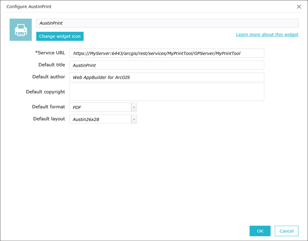 The configuration dialog box for the Print widget.