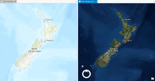 Eine Karte und eine 3D-Szene, die auf Neuseeland zentriert sind