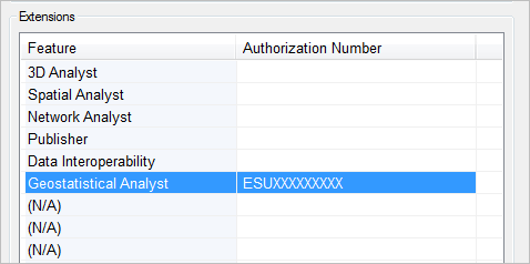 Die Erweiterung "Geostatistical Analyst" mit einer Autorisierungsnummer im Softwareautorisierungsassistent