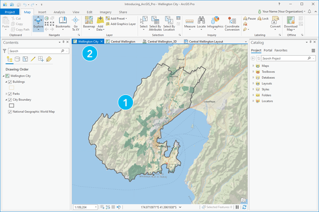 ArcGIS Pro-Anwendung mit aktiver Kartenansicht