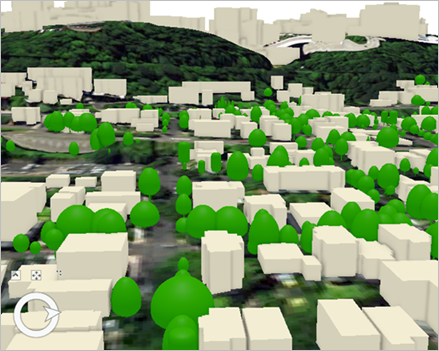 3D-Ansicht von Gebäuden und thematischen Bäumen