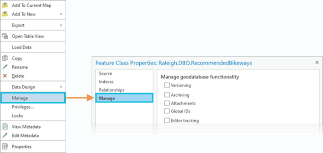 Option im Kontextmenü und im Dialogfeld "Feature-Class-Eigenschaften" mit der Registerkarte "Verwalten"