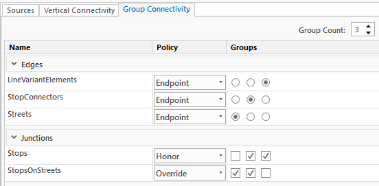 Auf der Registerkarte "Gruppenkonnektivität" werden Feature-Classes mit ihren Konnektivitätsregeln und -gruppen angezeigt.