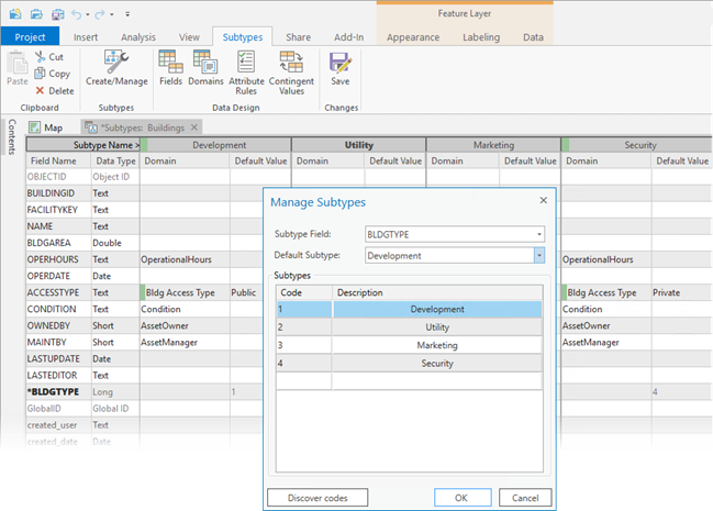 Erstellen von Subtypes für das Feld "BLDGTYPE" für den Layer "Building"