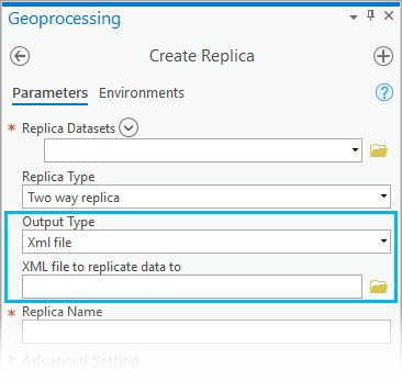 Bei der Verwendung des Geoverarbeitungswerkzeugs "Replikat erstellen" kann die Option "Ausgabetyp" jetzt entweder auf "Geodatabase" oder auf "XML-Datei" festgelegt werden, was sich speziell für nicht verbundene Umgebungen empfiehlt.