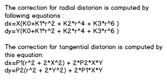 Die Gleichung zur Berechnung der Korrekturen für radiale und tangentiale Verzerrung.