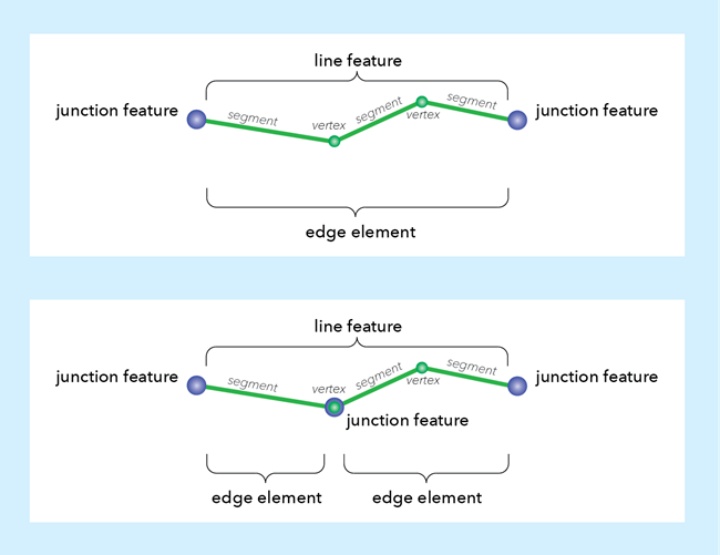 Durch das Vorhandensein von Knoten mit mittiger Konnektivität bei einer komplexen Kante entsteht ein aus mehreren Kantenelementen bestehendes einzelnes Linien-Feature (oder Kanten-Feature).