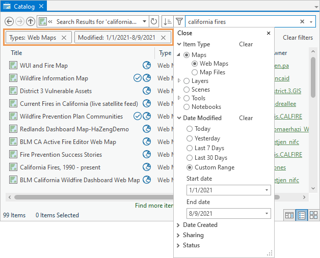 Katalogansicht mit den Dropdown-Optionen für die Schaltfläche "Filter" und gefilterten Suchergebnissen