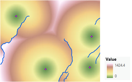 Karte der geradlinigen Entfernung, die zur Umleitung um Wasserläufe herum angepasst wird, bei denen es sich um Barrieren handelt