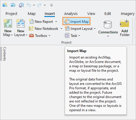 Das ArcGIS Pro-Menüband mit dem Befehl "Karte importieren" und dem zugehörigen ScreenTip