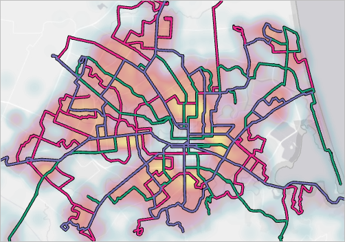 Karte der Bevölkerungsdichte und der Buslinien