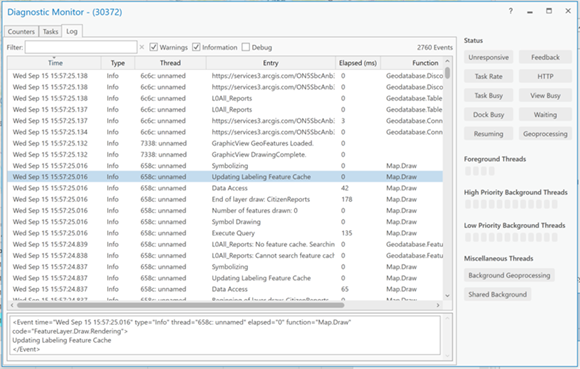 Die Registerkarte "Log" in Diagnostic Monitor