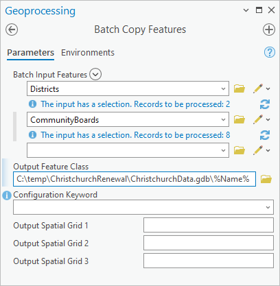 Parameter des Werkzeugs "Batch Features kopieren"