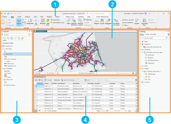 ArcGIS Pro-Benutzeroberfläche mit nummerierten Komponenten