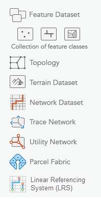 Unterstützte Datentypen innerhalb eines Feature-Datasets in ArcGIS Pro.