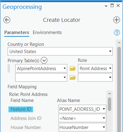 Dem Locator-Rollen-Feld "Feature-ID" zugewiesenes Feld "POINT_ADDRESS_ID" im Werkzeug "Locator erstellen"