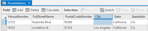 PointAddress-Daten ohne Join-ID-Feld und mit fehlendem Wert für den Städtenamen