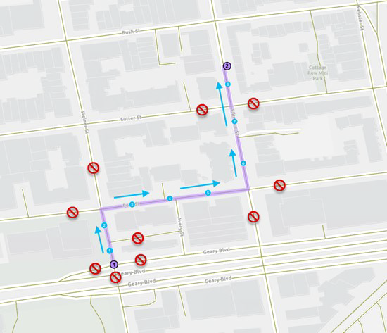 Die für die beste kürzeste Verbindung berücksichtigten Straßen werden auf der Karte angezeigt.