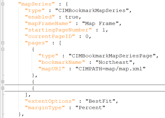 A screenshot of the results of a bookmark map series being inserted into a JSON file