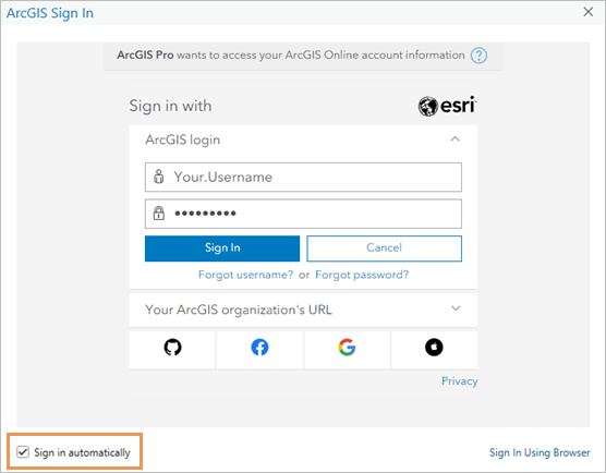 Das ArcGIS-Anmeldefenster