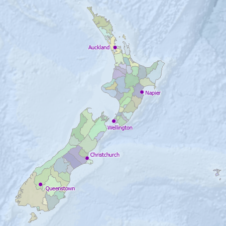 Karte mit den Grenzen der neuseeländischen Gebietskörperschaften und Städte