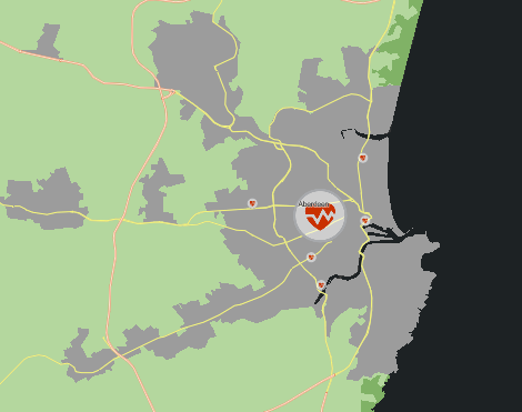 Karte mit aktualisierter Symbolisierung für Hauptstraßen in der Nähe von Aberdeen