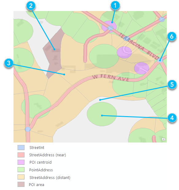 Puffer zur Veranschaulichung der Suchtoleranz verschiedener Feature-Typen für die Rückwärts-Geokodierung