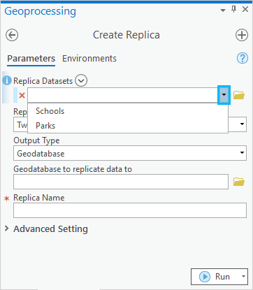 Geoverarbeitungswerkzeug "Replikat erstellen", das die Dropdown-Option zur Auswahl von Features in der Karte anzeigt, auf die Definitionsabfragen angewendet werden