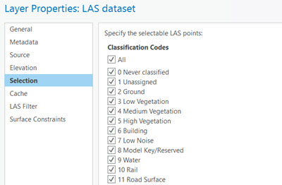 Registerkarte "Auswahl" in den Eigenschaften von LAS-Dataset-Layern