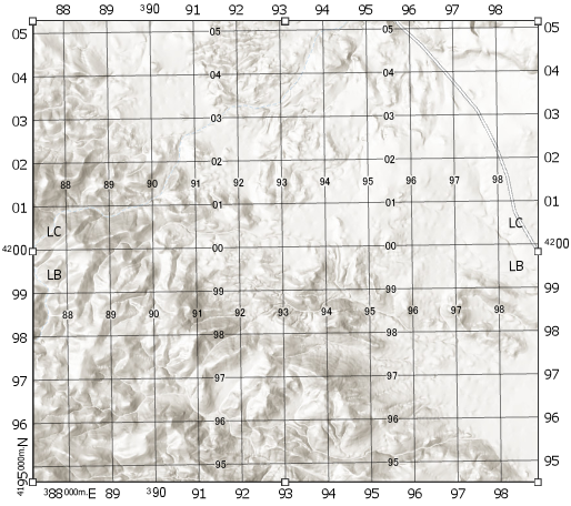Beispiel für eine Karte mit MGRS-Gitternetzen