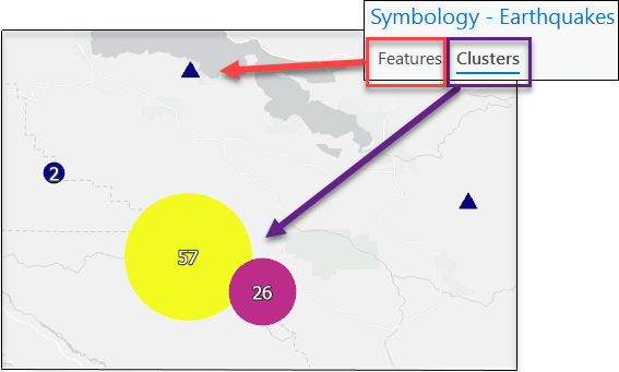 Geclusterte Feature-Layer verfügen über zwei Symbolisierungen: eine für Features und eine für Cluster.