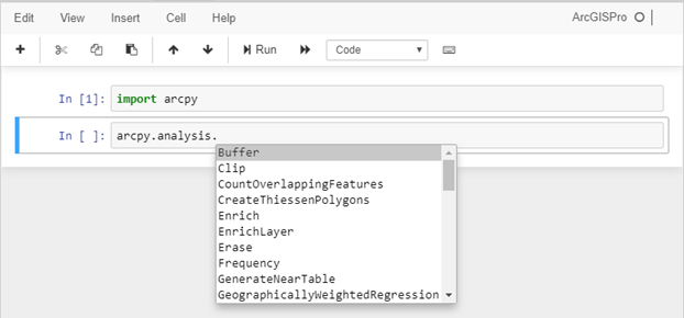 Use the tab completion feature to access choices in an ArcGIS Notebook.