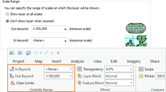 Maßstabsbereichseinstellungen in ArcMap und ArcGIS Pro