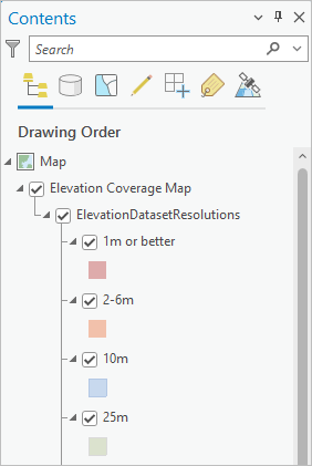 Bereich "Inhalt", in dem der Layer "Elevation Coverage Map" eingeblendet ist