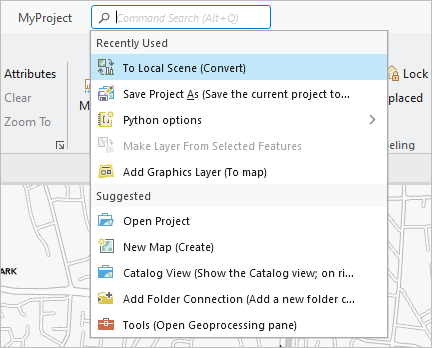 Feld "Befehlssuche" und Dropdown-Liste der Befehle