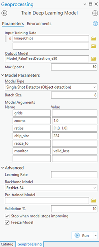 Parameter des Werkzeugs "Deep-Learning-Modell trainieren"